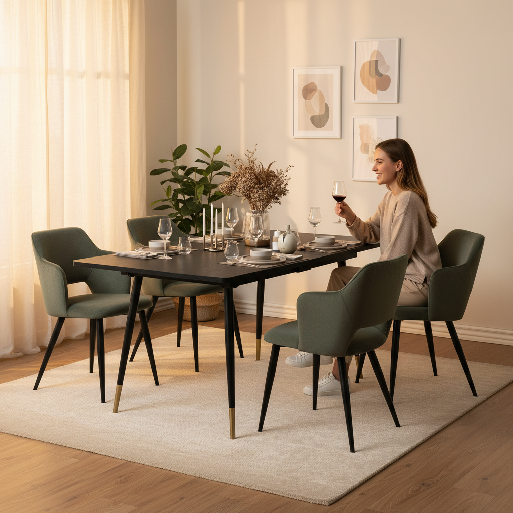 Runder Tisch in Walnussoptik Ø80 cm mit 4 schwarzen Samtstühlen, moderner und komfortabler Stil