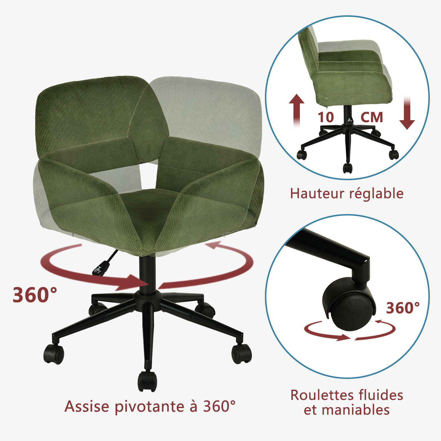 Office office chair in olive green ribbed, height adjustable, 360 ° rotation - Ross
