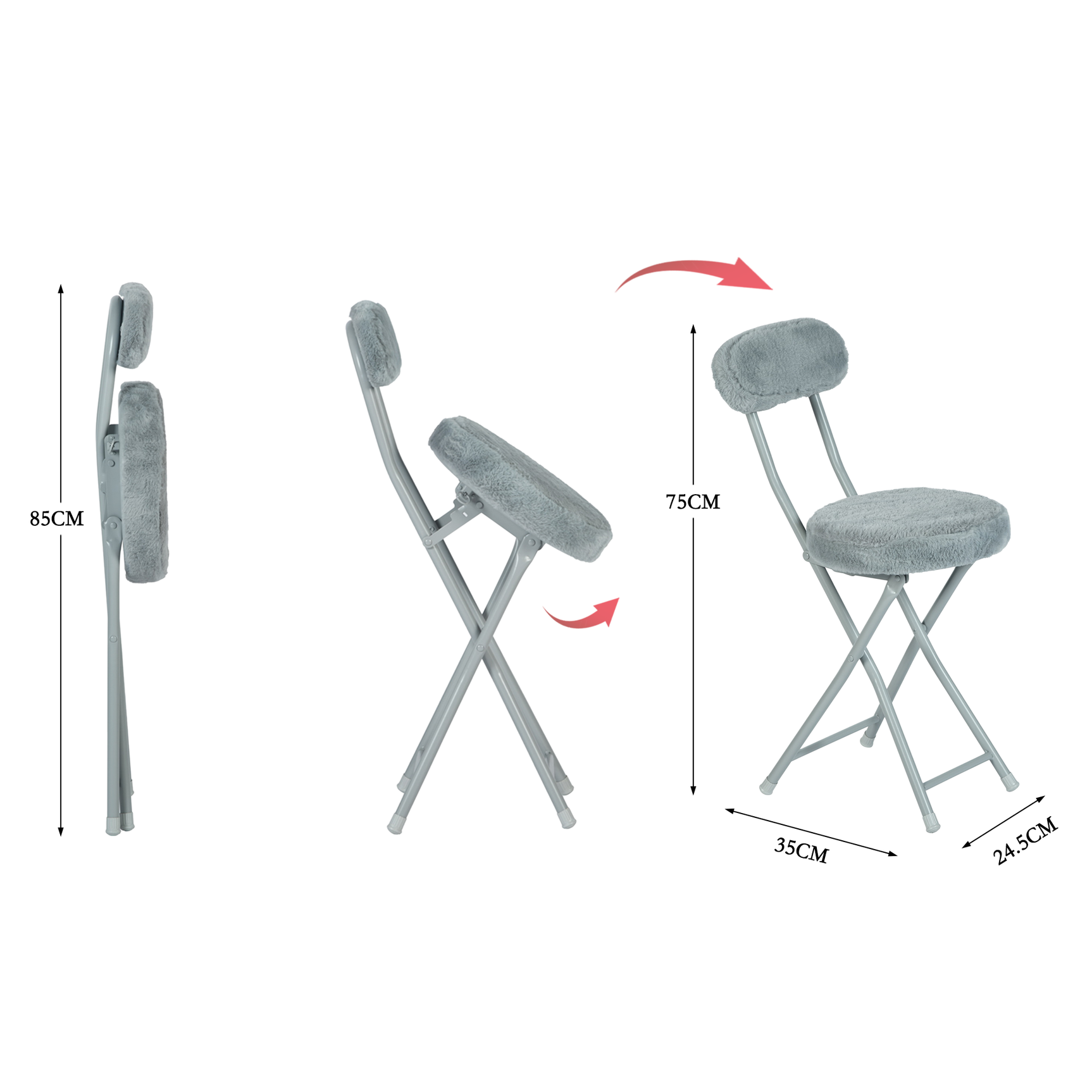 Set of 4 folding chairs/stools, round seat in fabric faux fur gray - Ernst