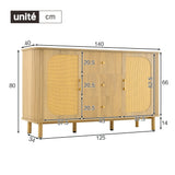 Eichen-Caning-Buffet mit 3 Schubladen, 2 Türen, einstellbaren Regalen und Anti-Breeching-Geräte-120 × 40 × 74 cm