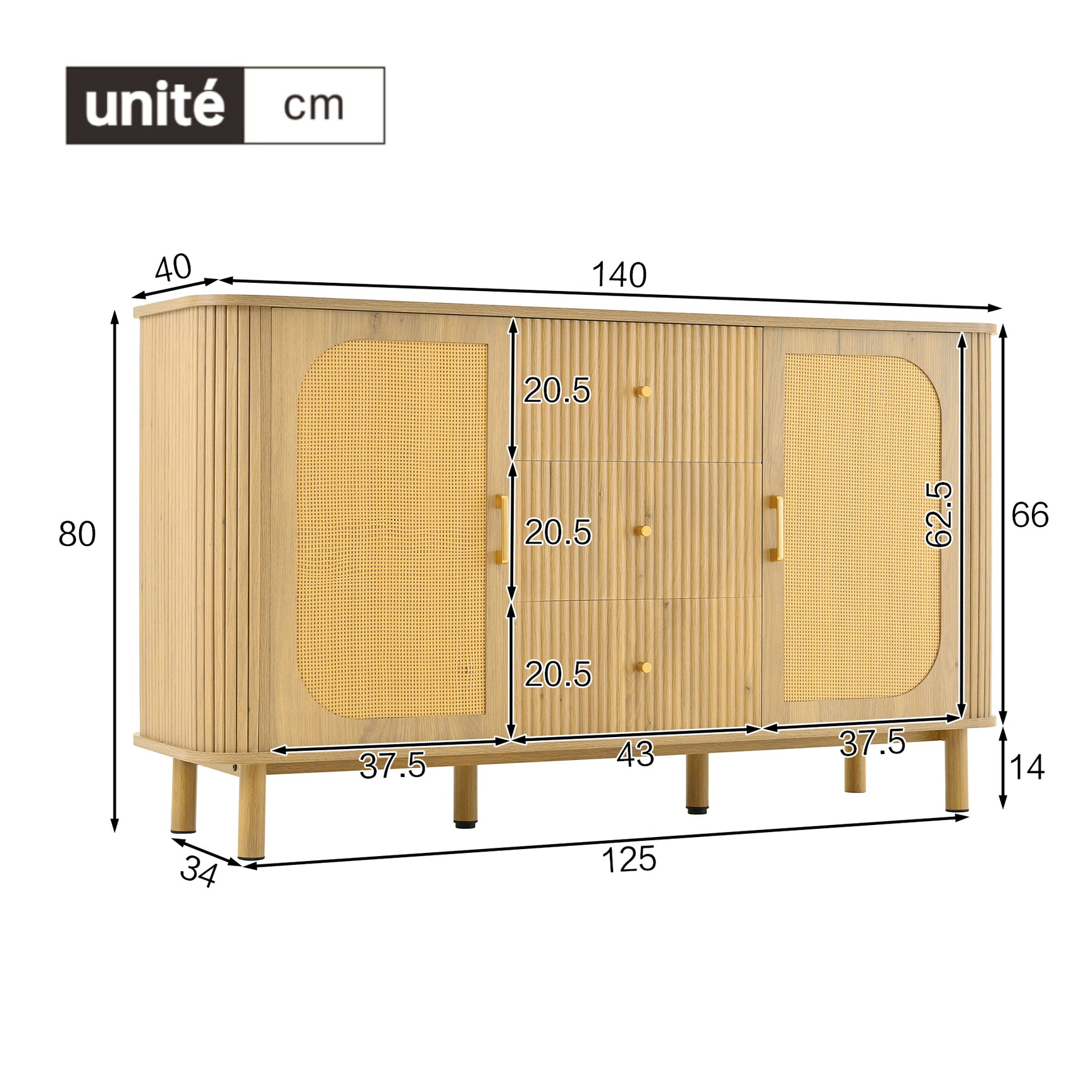 Eichen-Caning-Buffet mit 3 Schubladen, 2 Türen, einstellbaren Regalen und Anti-Breeching-Geräte-120 × 40 × 74 cm