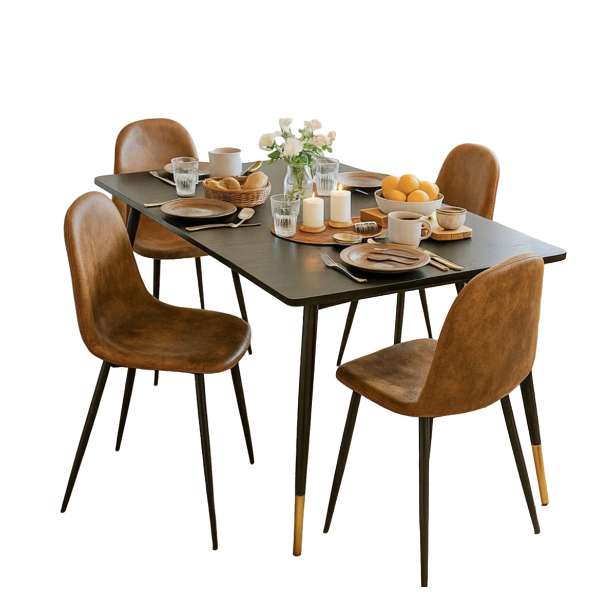 Ensemble de salle à manger de style scandinave comprenant une table extensible noire et 4 chaises en suédine marron