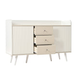 Buffet moderne blanc et bois avec 3 tiroirs et portes coulissantes à lattes
