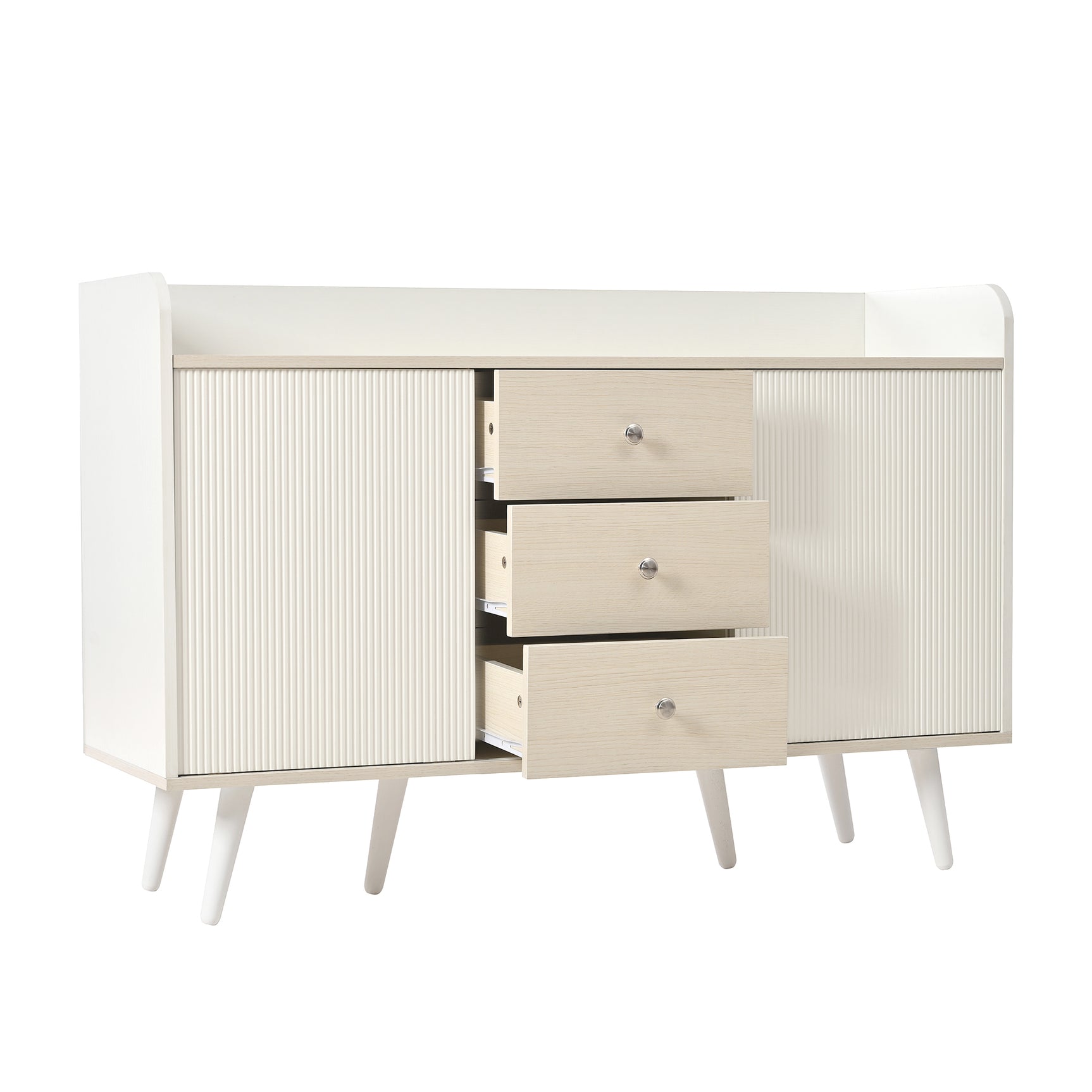 Buffet moderne blanc et bois avec 3 tiroirs et portes coulissantes à lattes