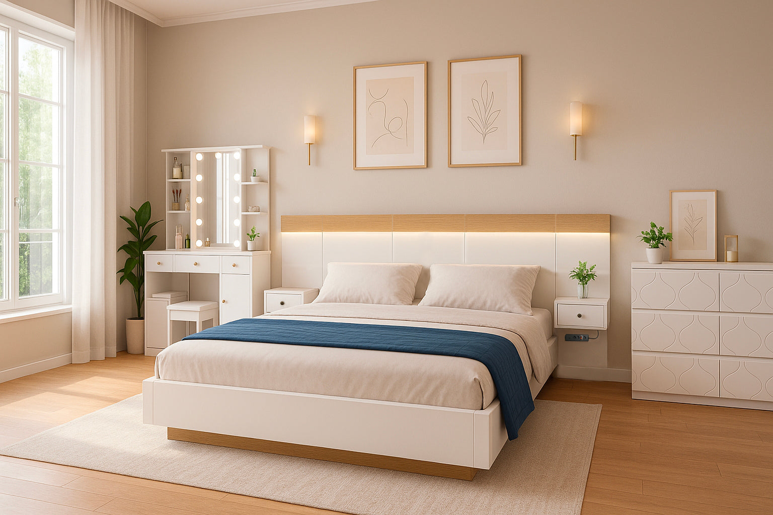 Doppelbett 140x200 cm mit Boxfeder, Kopfteil und 2 LED-Nachttischen mit integrierten USB-C-Anschlüssen (ohne Matratzen), 205x244x90,5 cm