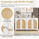 Buffet moderne blanc en MDF avec 4 portes en rotin PE et poignées en métal