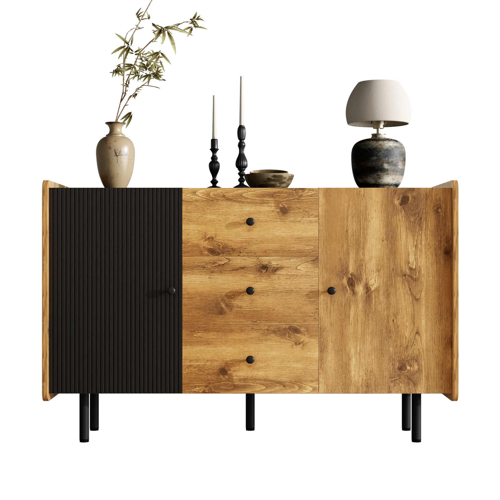 Modernes Buffet 120 cm Schwarz und Holz mit 2 Türen und 3 Schubladen, Design -Sideboard mit großem Stauraum