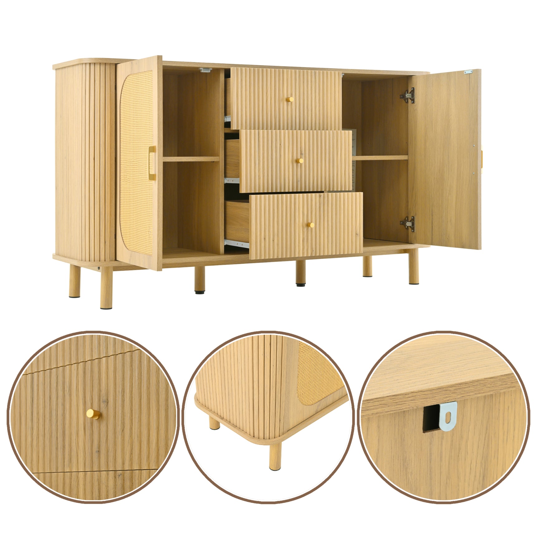 Eichen-Caning-Buffet mit 3 Schubladen, 2 Türen, einstellbaren Regalen und Anti-Breeching-Geräte-120 × 40 × 74 cm