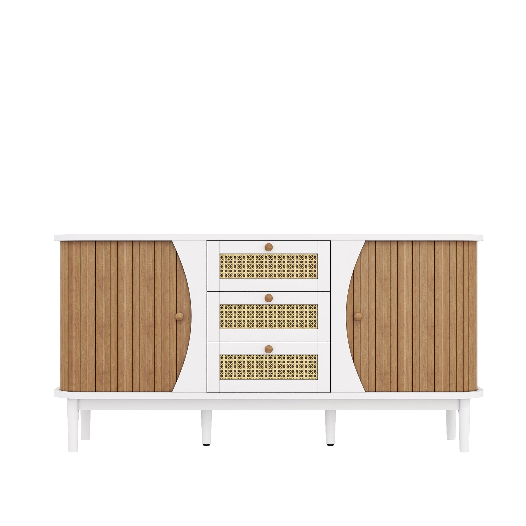 Buffet blanc moderne avec 3 tiroirs en rotin et portes coulissantes