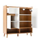 Commode / buffet / meuble à chaussures blanc et bois 90x35x99 cm avec étagères réglables et pieds en bois massif