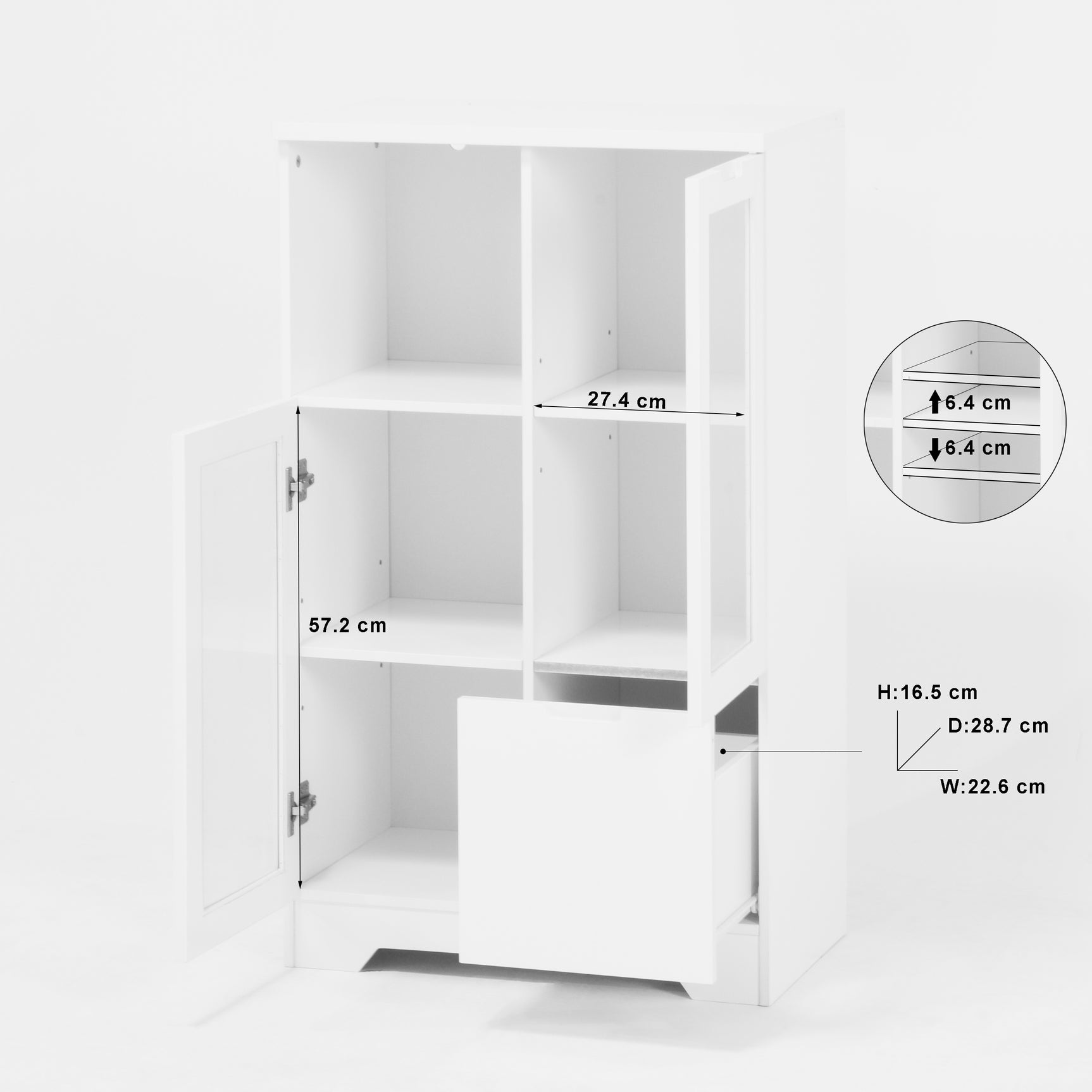 Buffet en MDF laqué blanc 65x30x100 cm avec portes vitrées, tiroir et espaces de rangement ouverts, idéal pour salon, chambre ou entrée