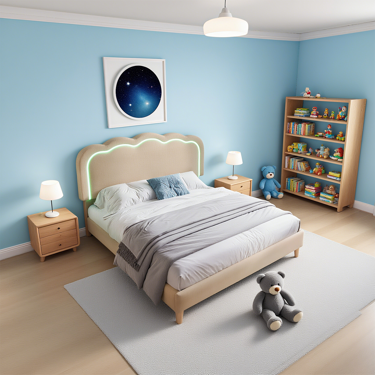 LED -gepolstertes Doppelbett 140 × 200 cm in beige Leinen mit einstellbarem Kopfteil und Basis (ohne Matratzen)