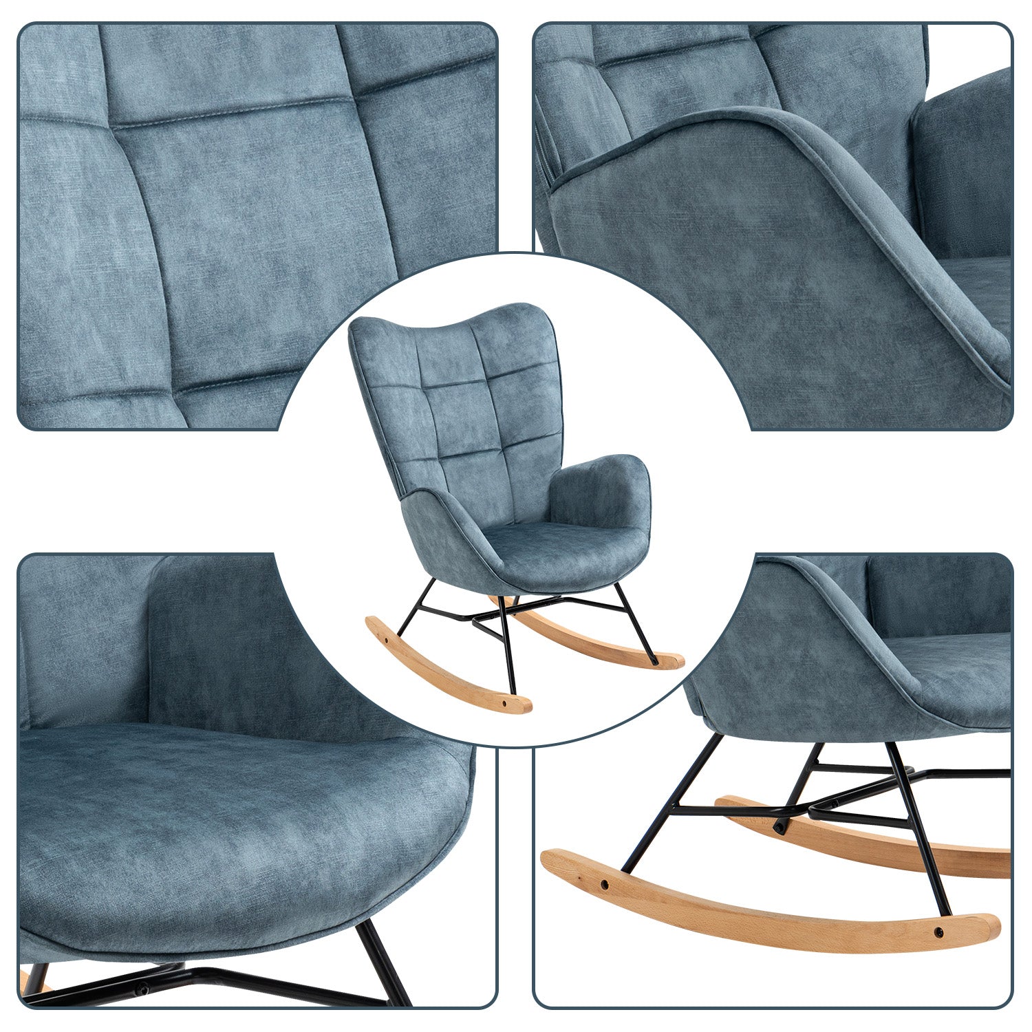 Fauteuil à bascule allaitement scandinave avec accoudoirs en velours bleu à surpiqûres - KELAN