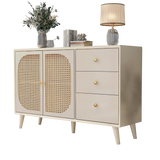 Salon and dining room buffet in broken white with rattan doors and 3 drawers, modern storage unit 120 cm wide