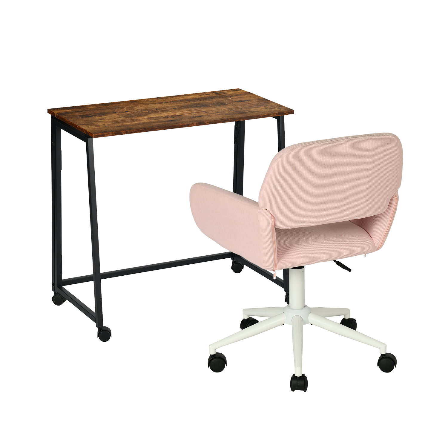 Ensemble avec bureau pliable industriel à roulettes et fauteuil en velours côtelé rose - ASCOLI & ROSS