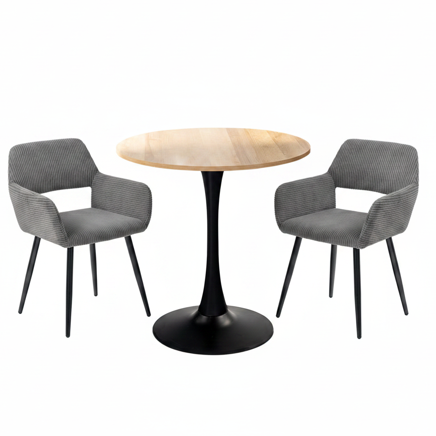 Ensemble de salle à manger de style scandinave comprenant une table ronde en chêne et 2 chaises en velours côtelé gris