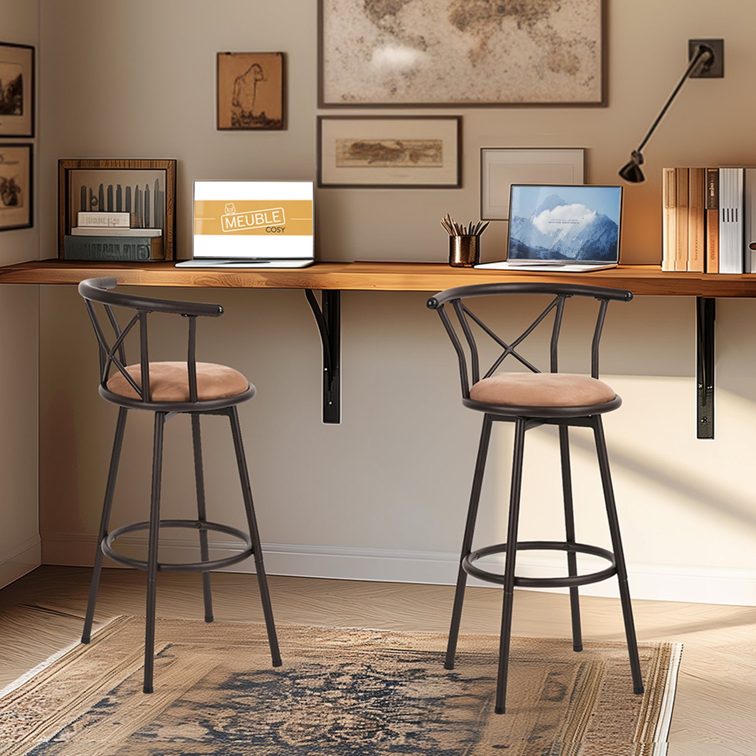 Lot de 2 tabourets de bar industriels pivotants avec dossier en tissu marron - HAILEY 29