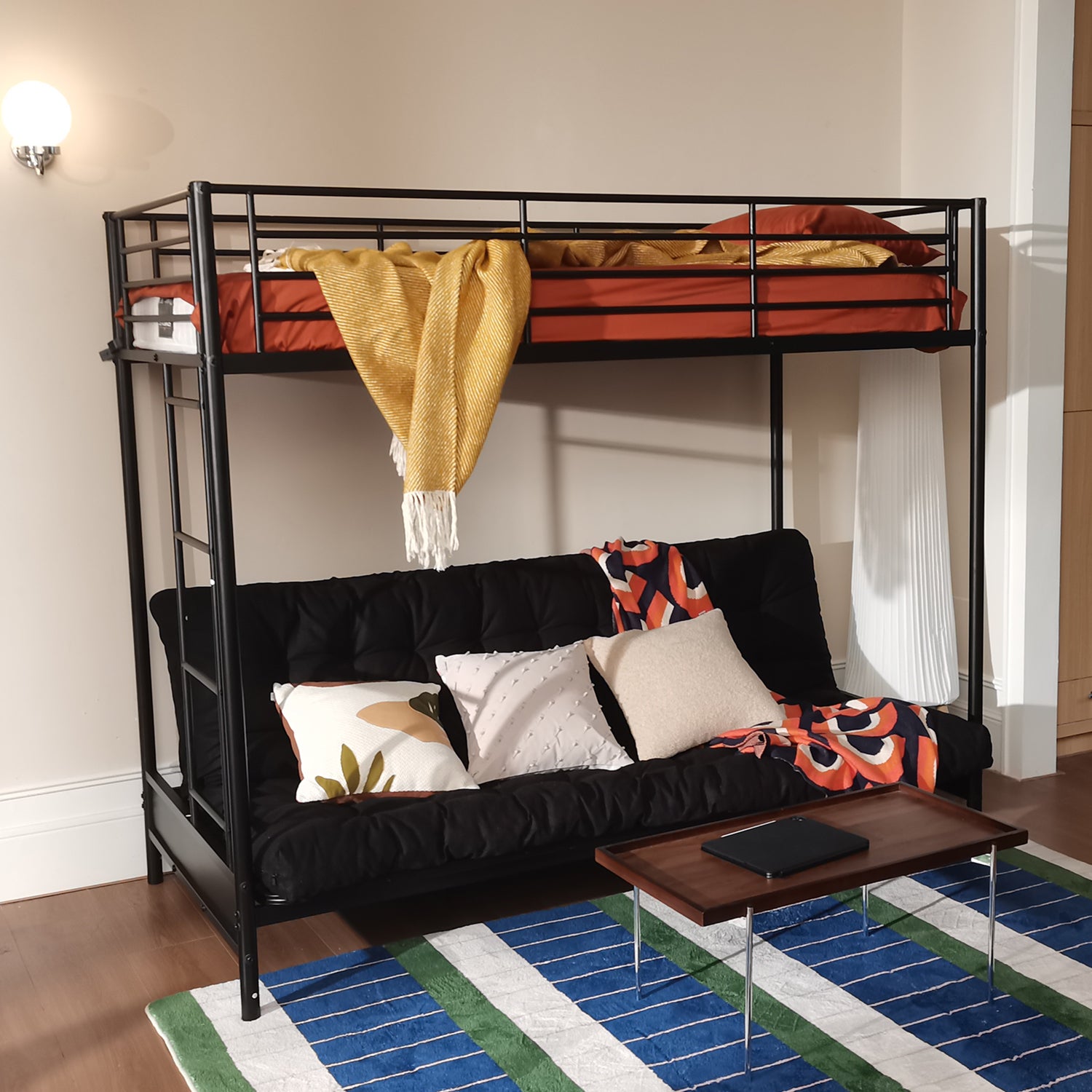 Ensemble lit superposé 90x190cm avec banquette convertible en métal noir, et matelas futon pliable 2 places - LIBERTY N MICA