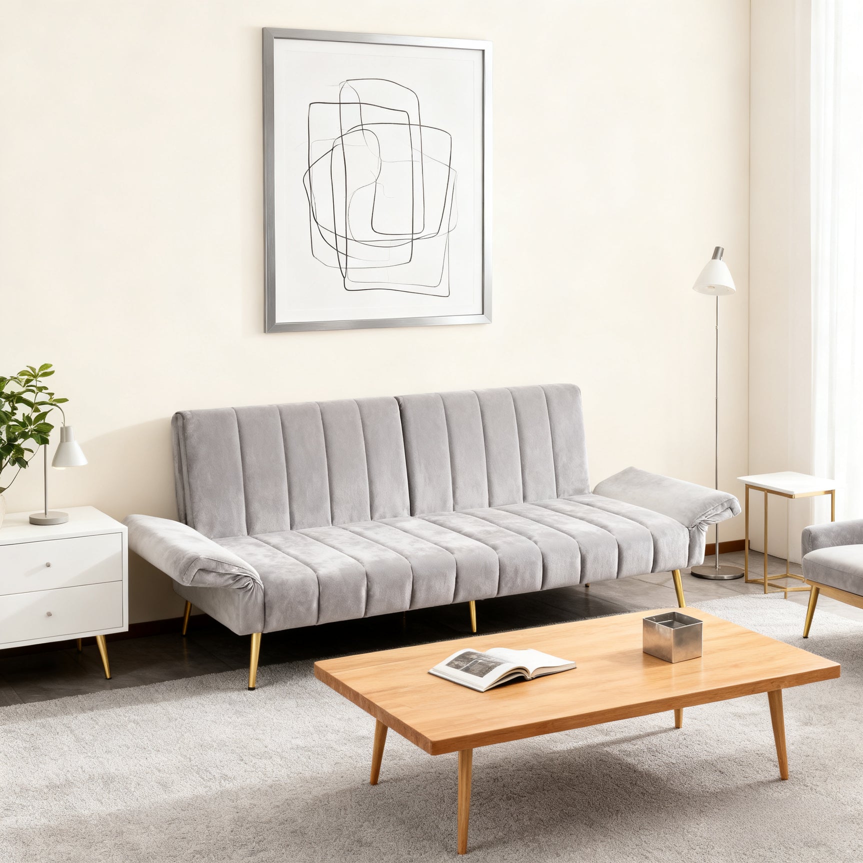 2-Sitzer-Schlafsofa aus dunkelgrauem Stoff mit Seitentaschen, modernes Schlafsofa
