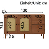Holzbuffet -Kampagnenstil mit Konservenentüren, verstellbaren Regalen und Schubladen 130 × 75,5 × 40 cm