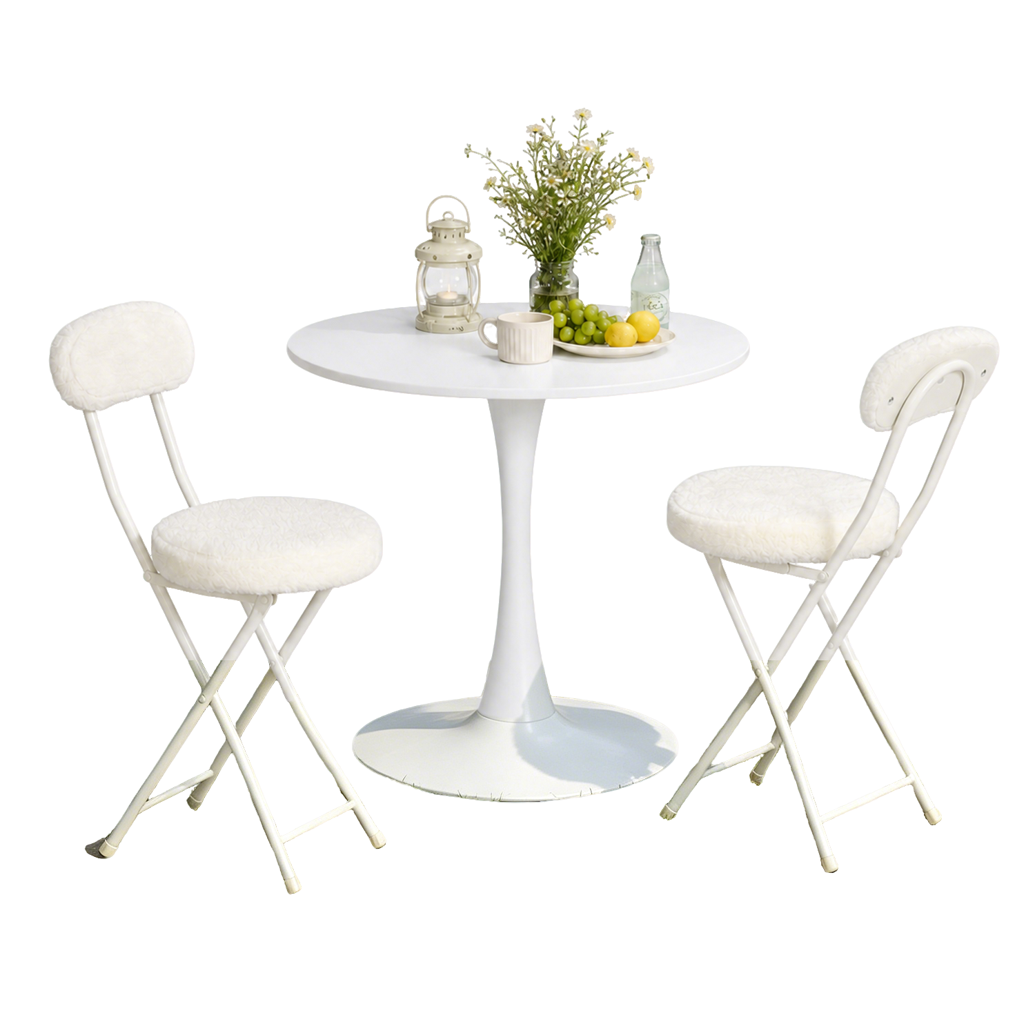 Ensemble de salle à manger de style scandinave comprenant une table ronde blanche et quatre chaises pliantes blanches