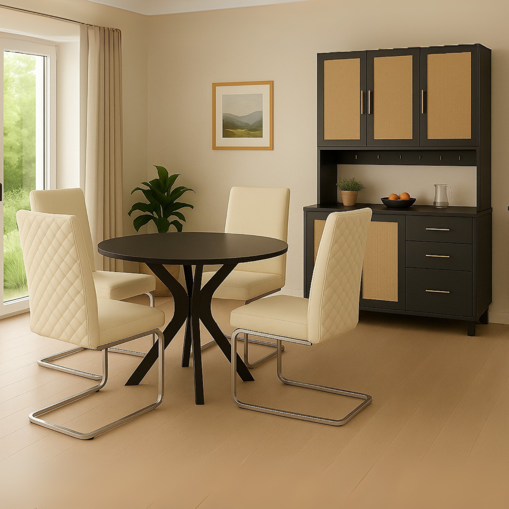 Set von 2 Beige Samt Essstühlen mit Diamantmuster und silbernen Metallfüßen hinten