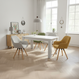 Table à manger rectangulaire blanc aspect chêne avec quatre pieds massifs