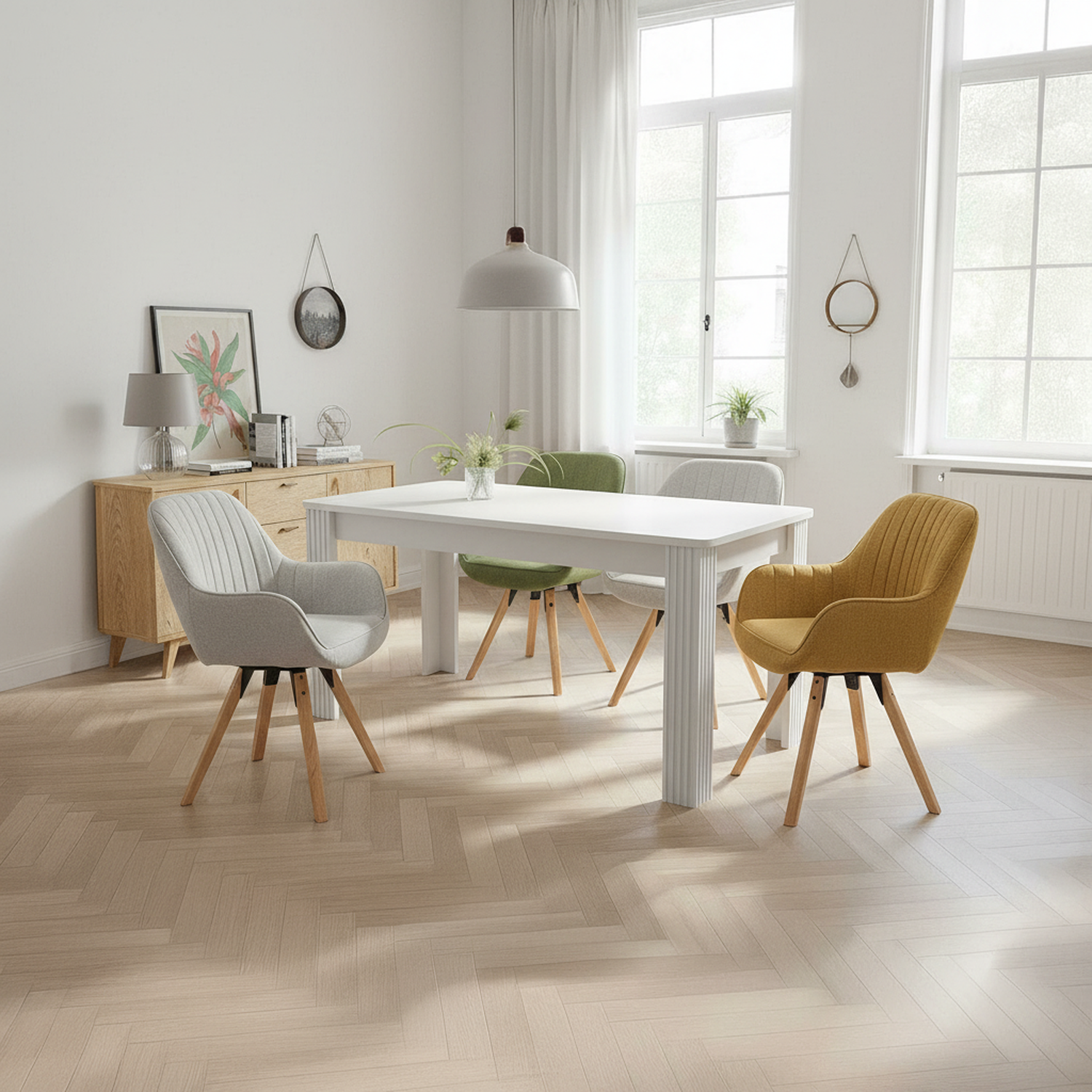 Table à manger rectangulaire blanc aspect chêne avec quatre pieds massifs