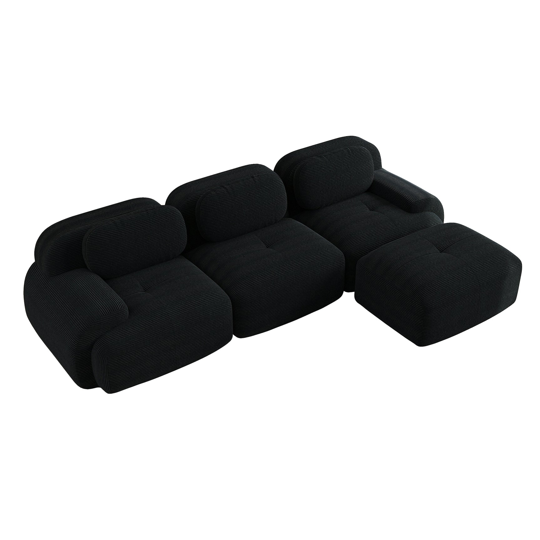 Ensemble de canapés avec accoudoirs incurvés et base antidérapante en tissu velours côtelé doux pour le salon, noir, siège 3 + tabouret 1