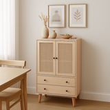 Wooden top buffet modern style with rattan doors and drawers - 60 x 40 x 120 cm