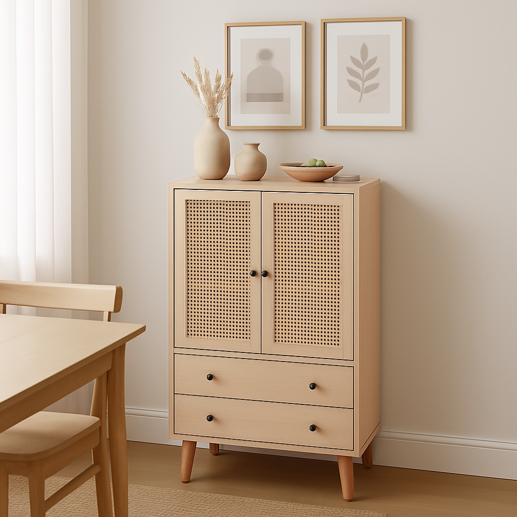 Wooden top buffet modern style with rattan doors and drawers - 60 x 40 x 120 cm