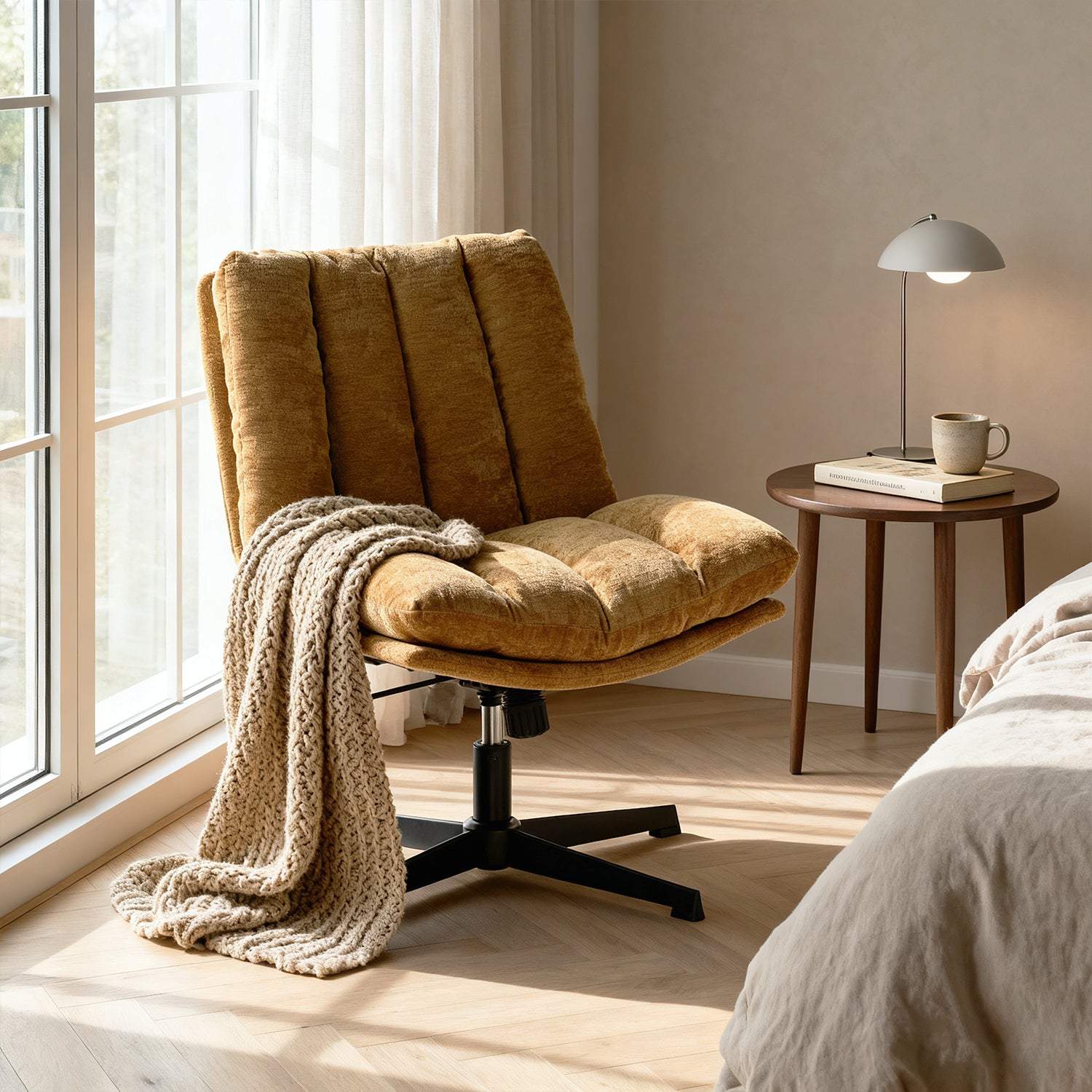 Fauteuil de relaxation réglable et pivotant avec accoudoirs et assise épaisse en chenille jaune - CONFOD