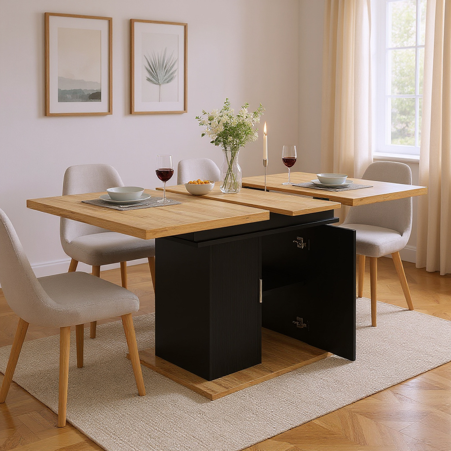 Table à manger télescopique extensible naturel-noir avec 3 niveaux de rangement