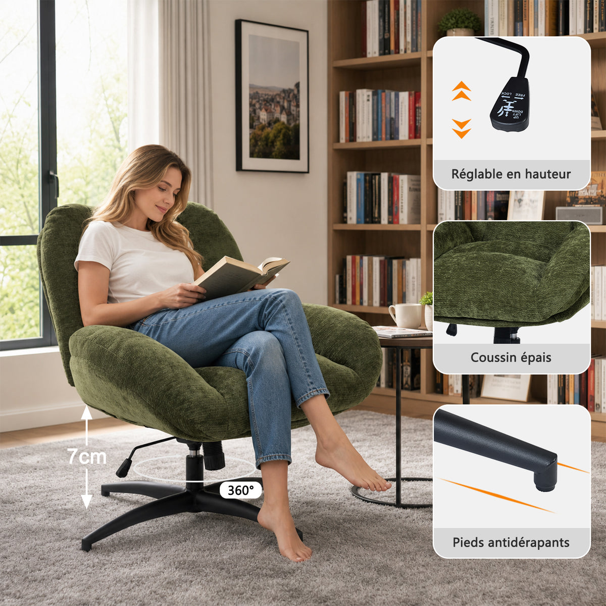 Adjustable Ergonomic Office Armchair Pivoting with fabric armrests white loop - Thomasina