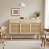 Buffet rétro en bois chêne avec 3 tiroirs, 3 portes coulissantes en rotin et étagères réglables â€?120x40x78 cm