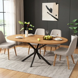 Table à manger ovale aspect naturel avec pieds métalliques en croix pour 4 à 6 personnes