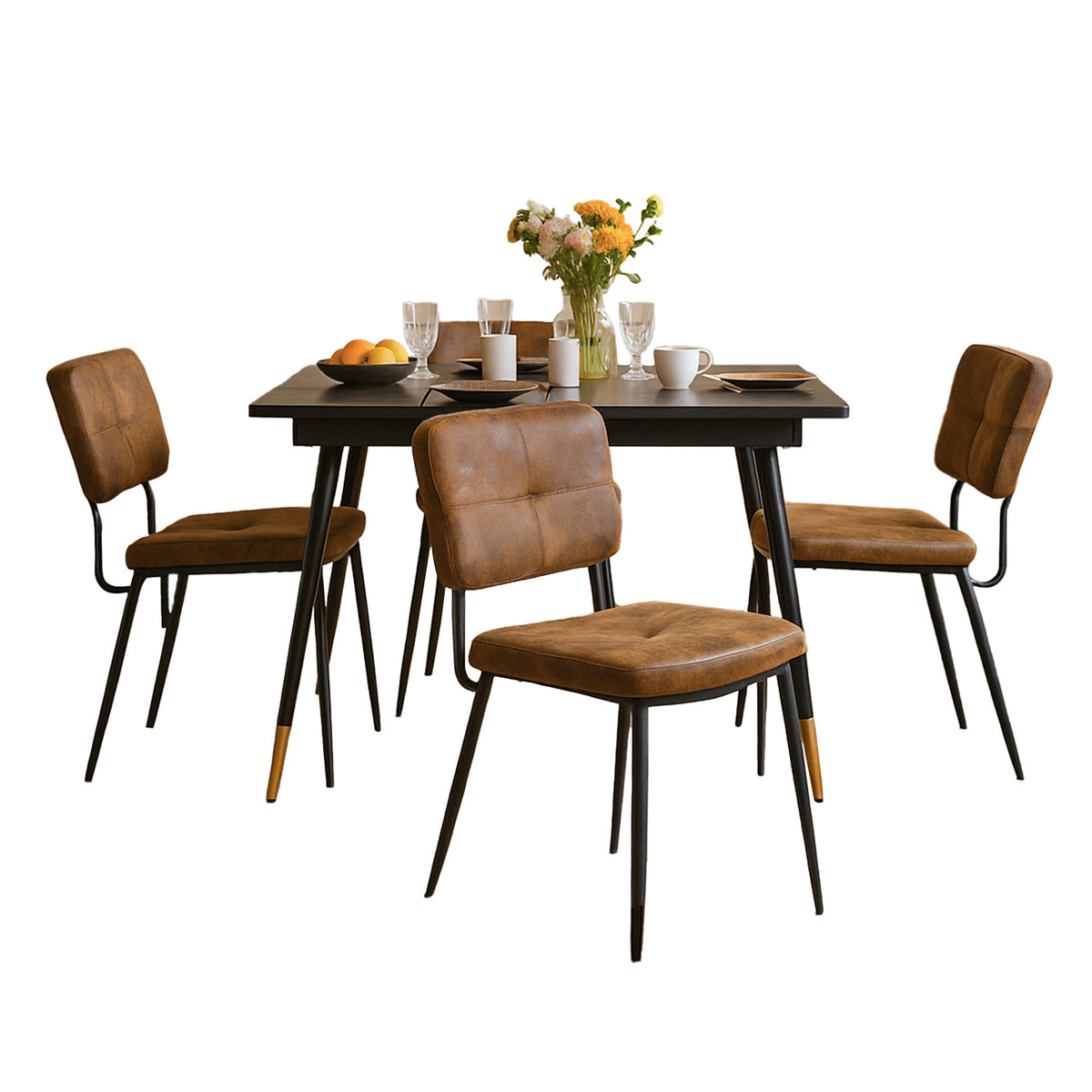 Round Table Table Table Table Timber Ø80 cm with 4 black velvet chairs, modern and comfortable style