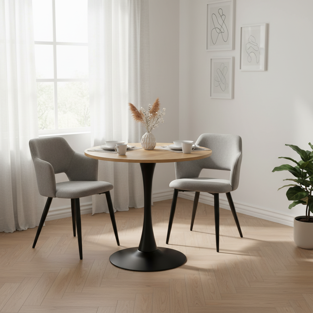 Runder Tisch in Walnussoptik Ø80 cm mit 4 schwarzen Samtstühlen, moderner und komfortabler Stil