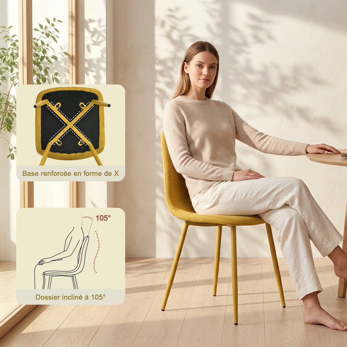 Lot de 4 chaises de salle à manger en tissu jaune doux, chaises de détente avec dossier et pieds métalliques assortis scandinave - CHARLTON