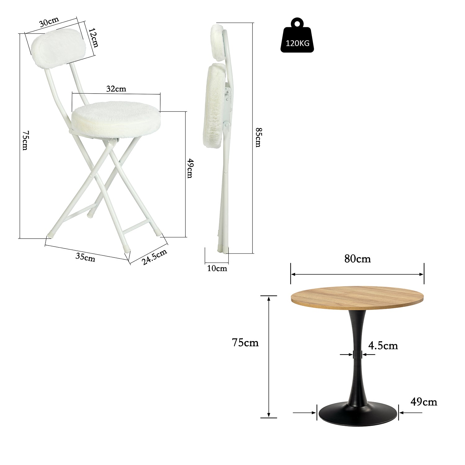 Ensemble de salle à manger de style scandinave comprenant une table ronde en chêne et quatre chaises pliantes blanches