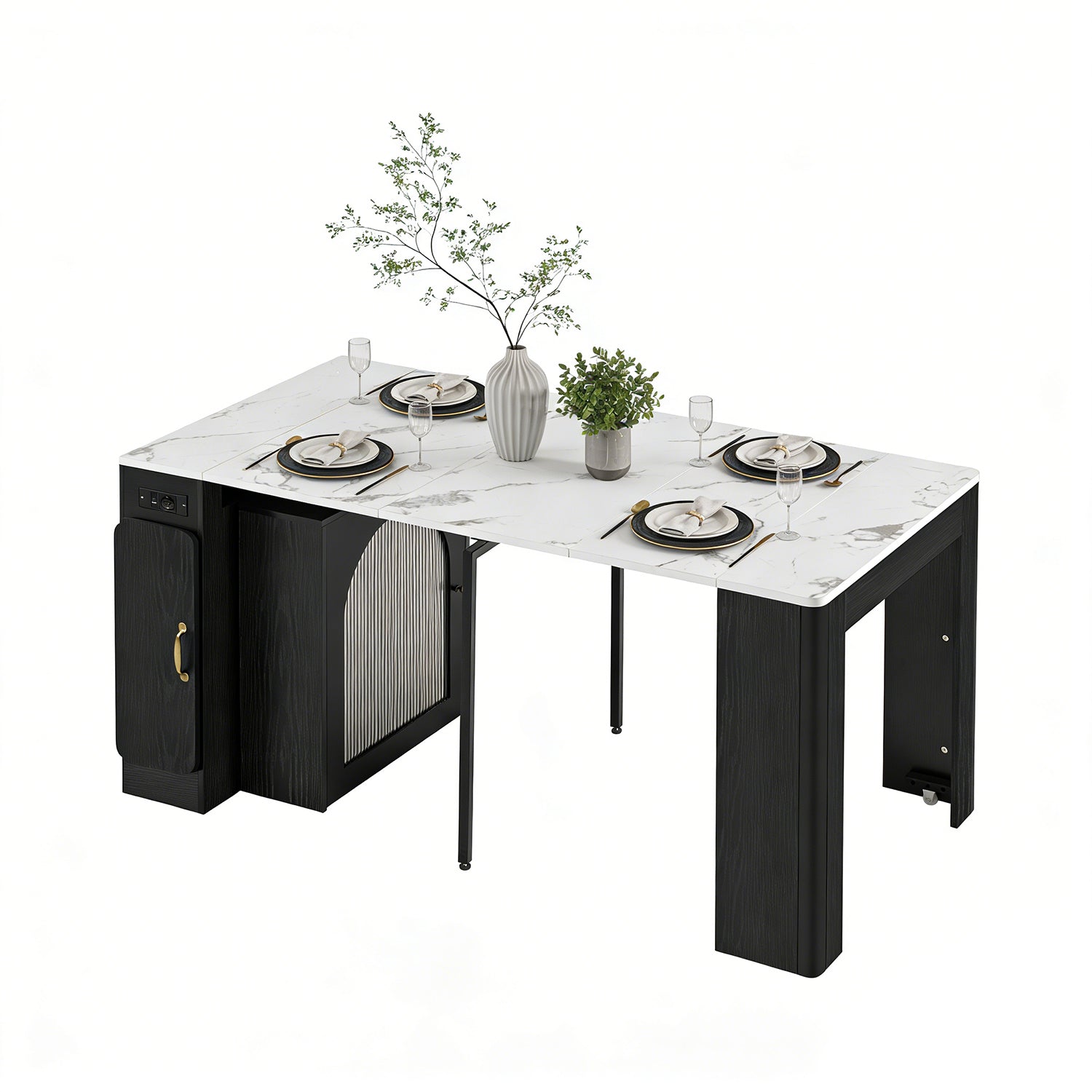 Îlot de cuisine mobile noir et blanc avec plateau extensible et prise électrique intégrée