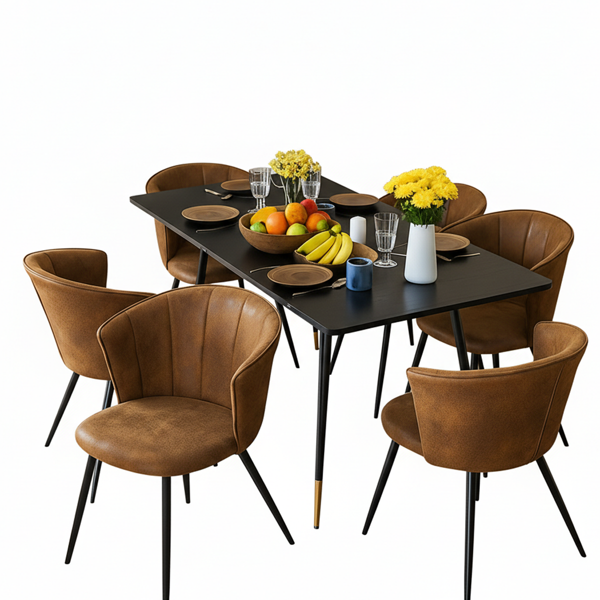Round Table Table Table Table Timber Ø80 cm with 4 black velvet chairs, modern and comfortable style