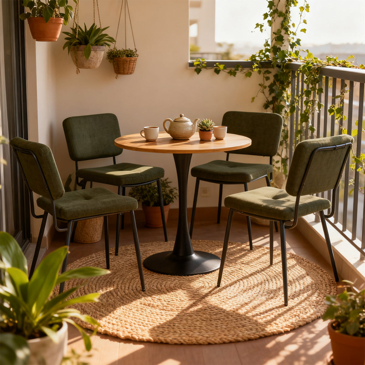 Round Table Table Table Table Timber Ø80 cm with 4 black velvet chairs, modern and comfortable style