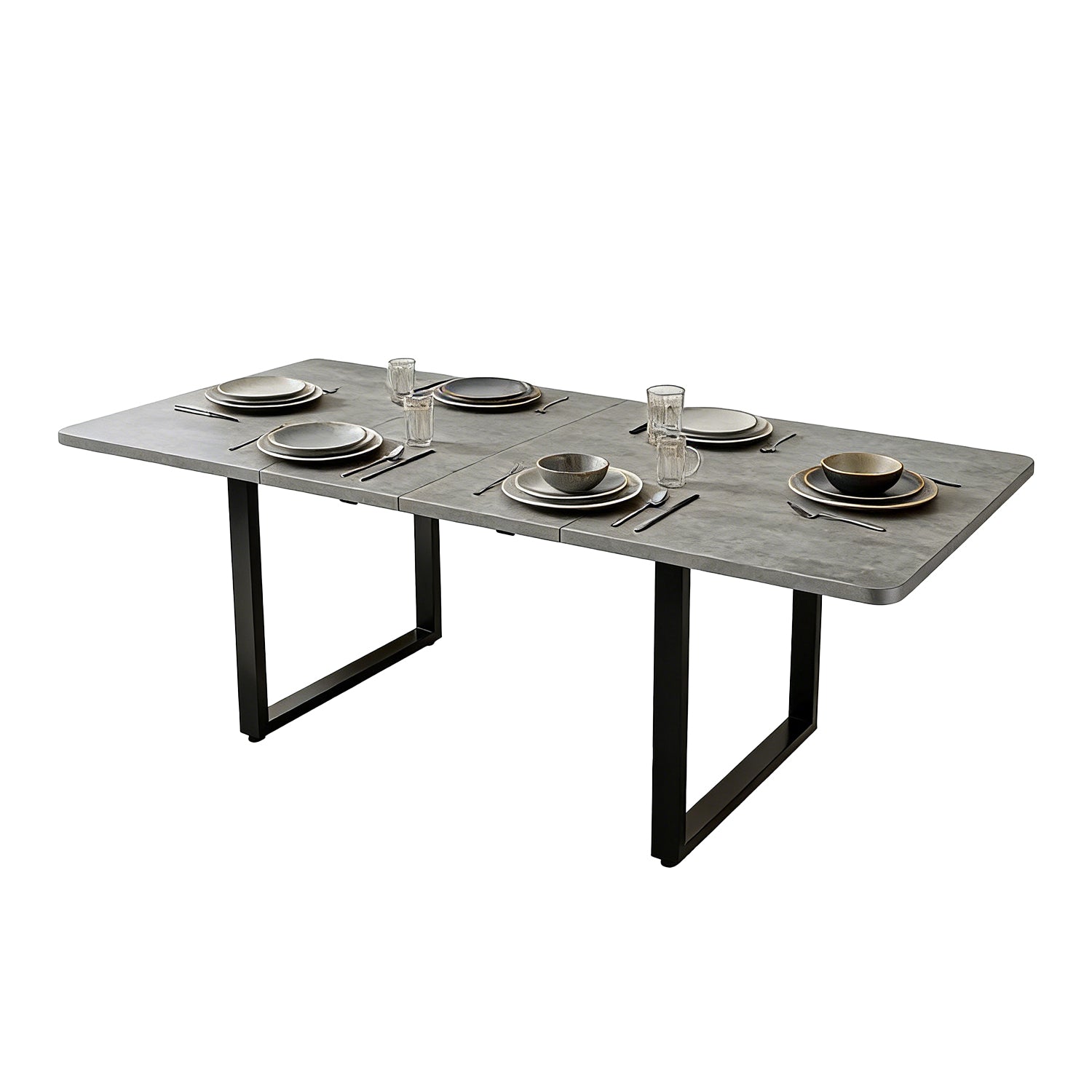 Table à manger gris extensible à trois rallonges avec pieds métalliques