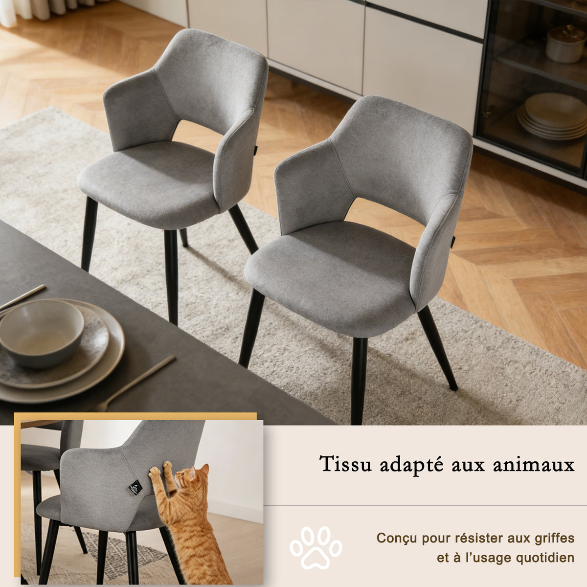 Ensemble de salle à manger comprenant une table extensible et 4 fauteuils avec accoudoirs en tissu gris