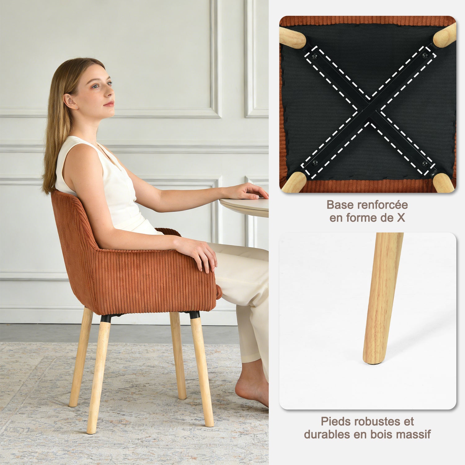 Lot de 6 chaises de salle à manger de style scandinave avec pieds en bois et accoudoirs en velours côtelé rouge - ELIA