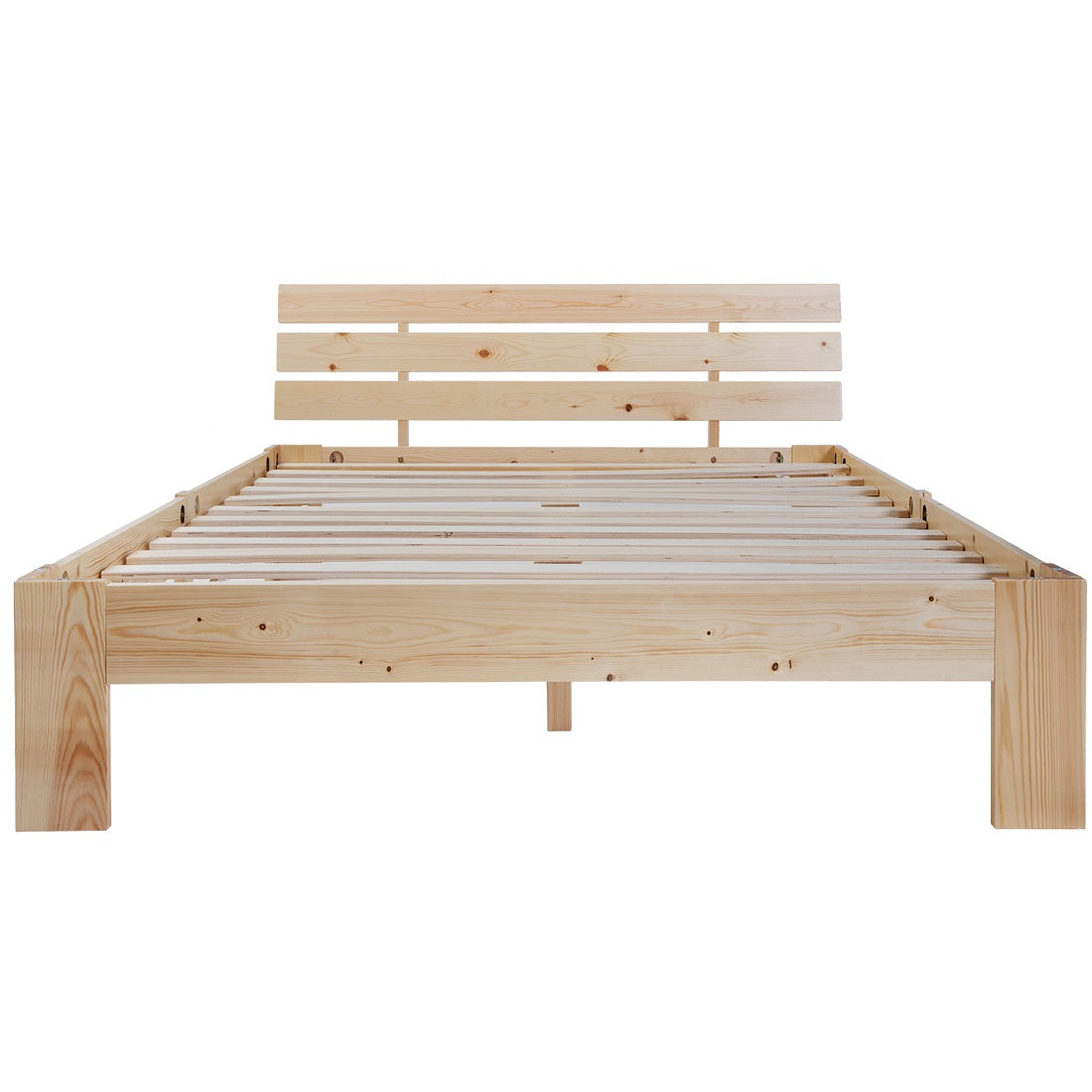 Double bed 140x200 cm in solid wood of natural pine with slatted base and headboard, robust structure and timeless design, without mattresses.