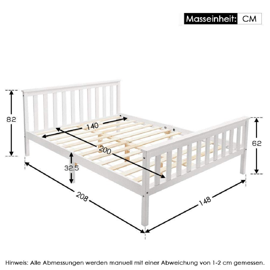 Doppelbett 140x200 cm in massivem weißen Kiefernholz mit geschmierigen Boxspring - robustes und elegantes Design für Erwachsene und Kinder (ohne Matratzen)