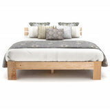 Double bed 140x200 cm in solid wood of natural pine with slatted base and headboard, robust structure and timeless design, without mattresses.