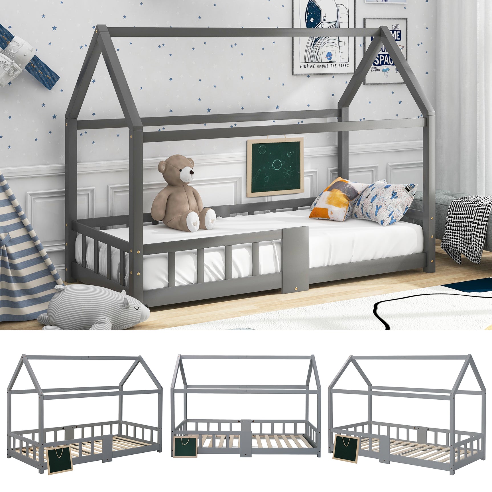 Lit cabane enfant 90x200 cm gris en bois massif avec tableau noir, sommier à lattes et barrières de sécurité, sans matelas